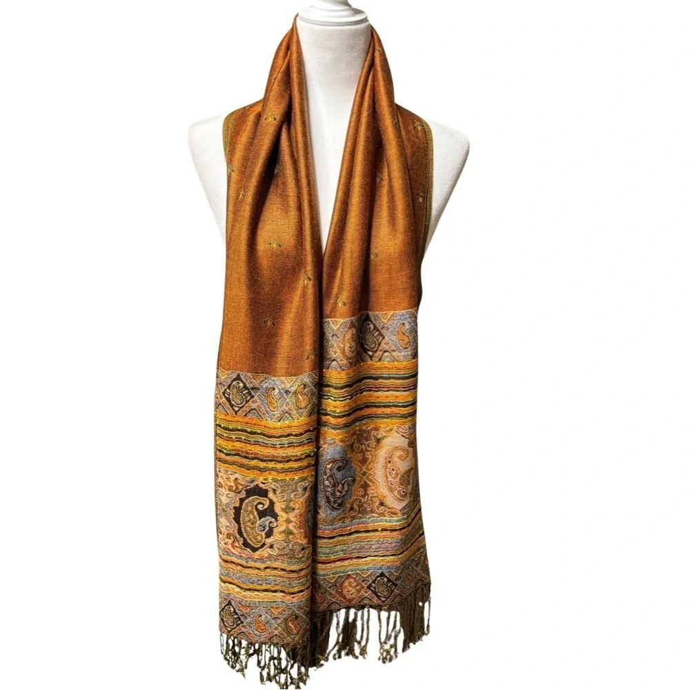 New Autumn Orange Green Double-Sides Paisley Pashmina Shawl/ Scarf - Picture 2 of 8